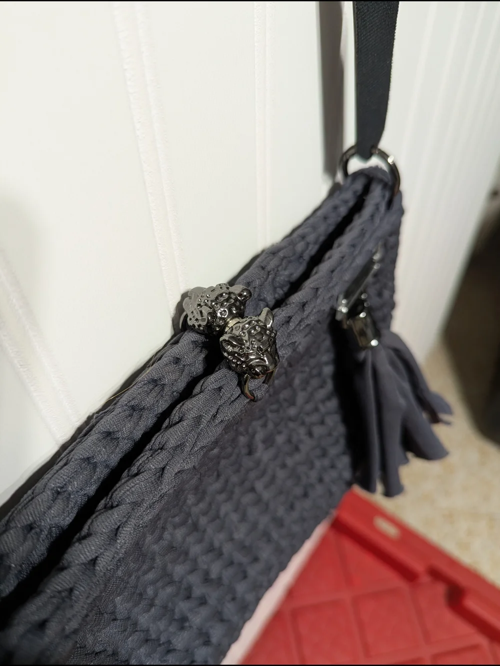 Handmade Crochet Woven Knit Crossbody Bag with Tassel - Charcoal Gray
